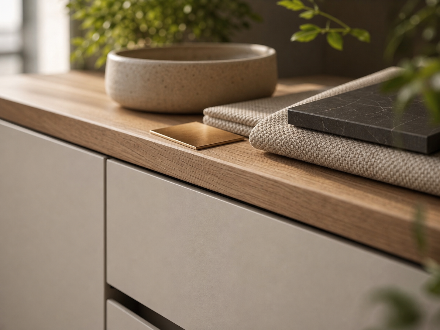 Materialdetail mit Holz, Stein, Stoff und Messing